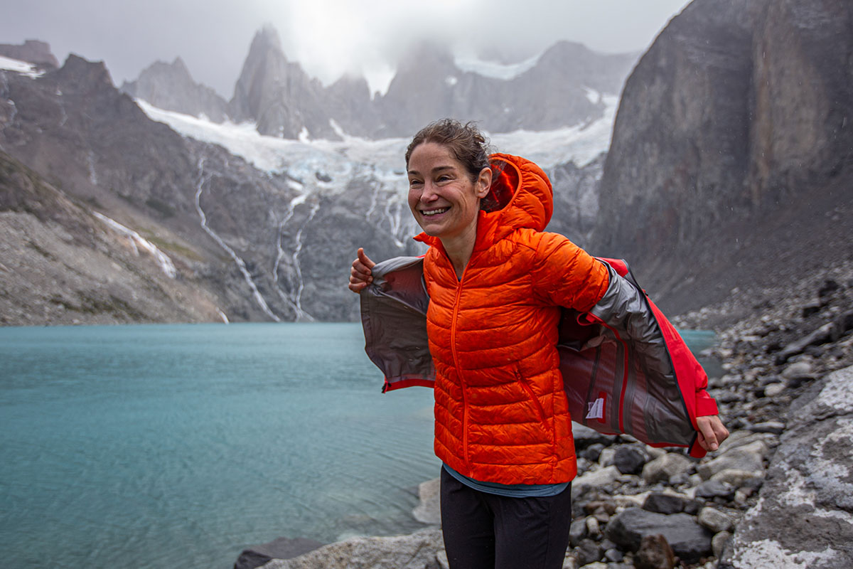 Outdoor Research Aspire Super Stretch Jacket (putting on over puffy in wind)